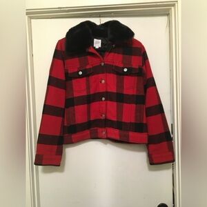 GAP Red and Black Checkered Jacket with Faux Fur Collar